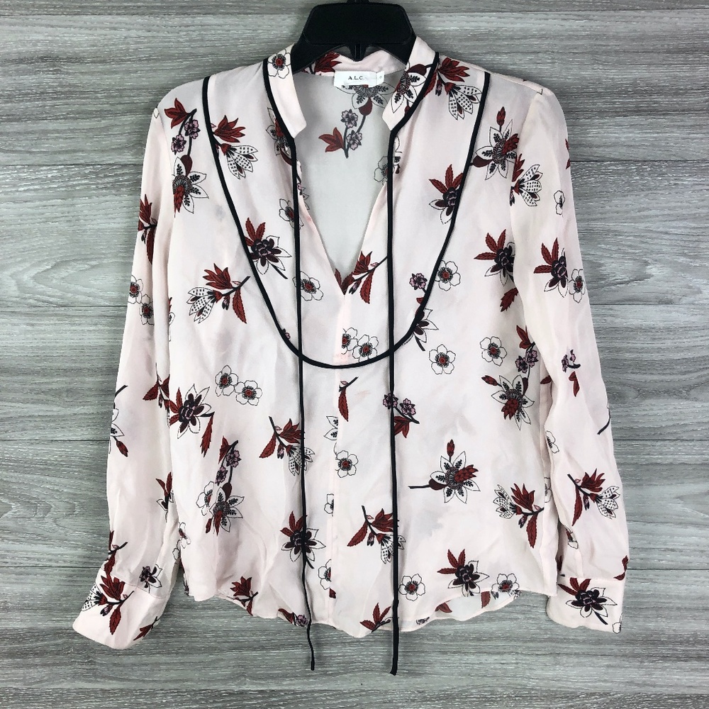 A.L.C. Pink Floral Tie-Neck Blouse with Black Trim